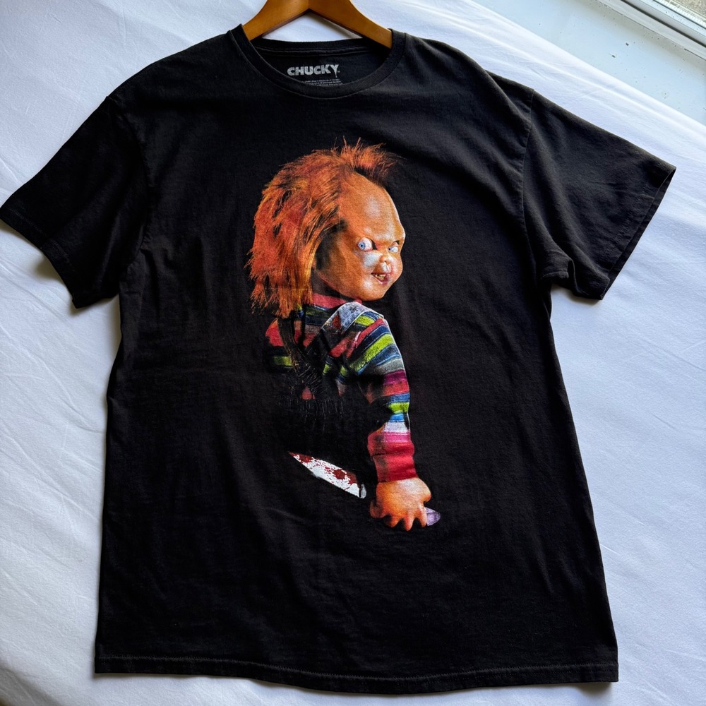 Chucky Childs Play Horror Movie Graphic T-Shirt Black Large Seed of Chucky